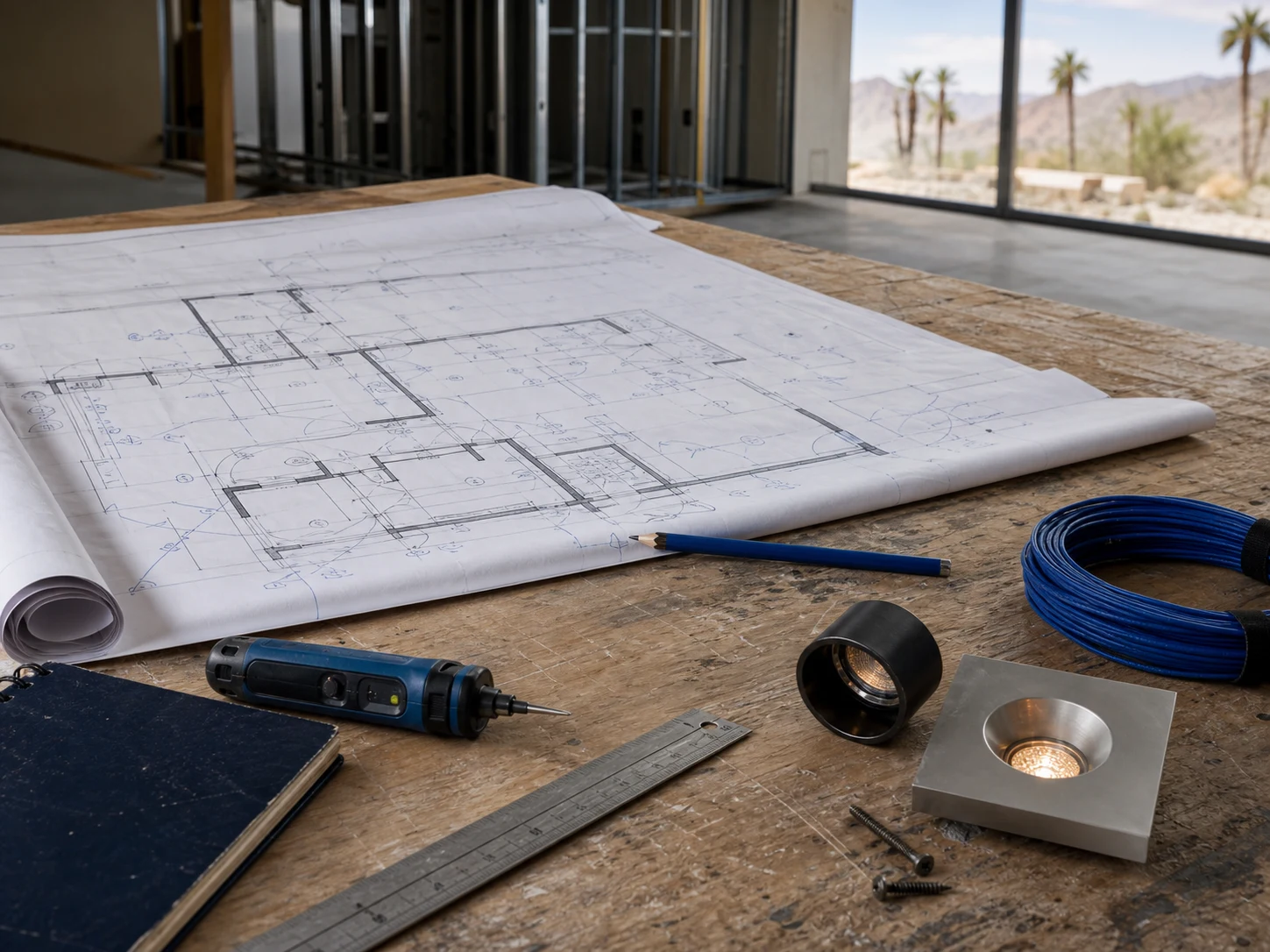 Electrical plans, lighting samples, and testing tools on a workbench