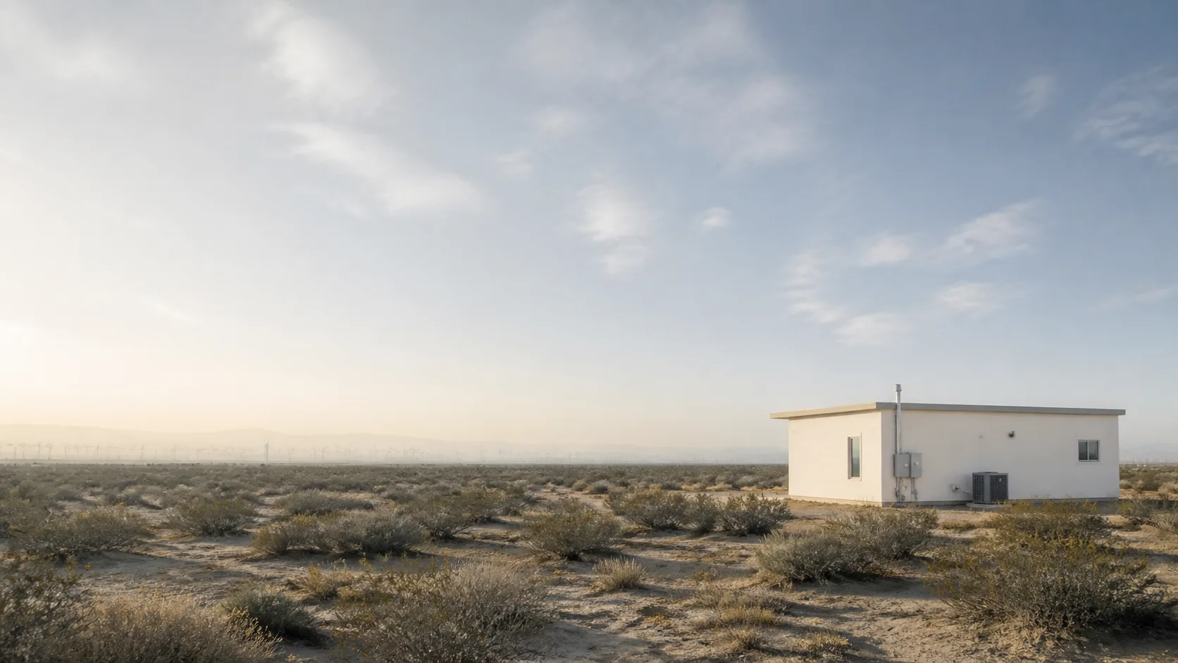 Desert Hot Springs stucco home after sunrise amid creosote scrub, with a new service panel and distant wind turbines