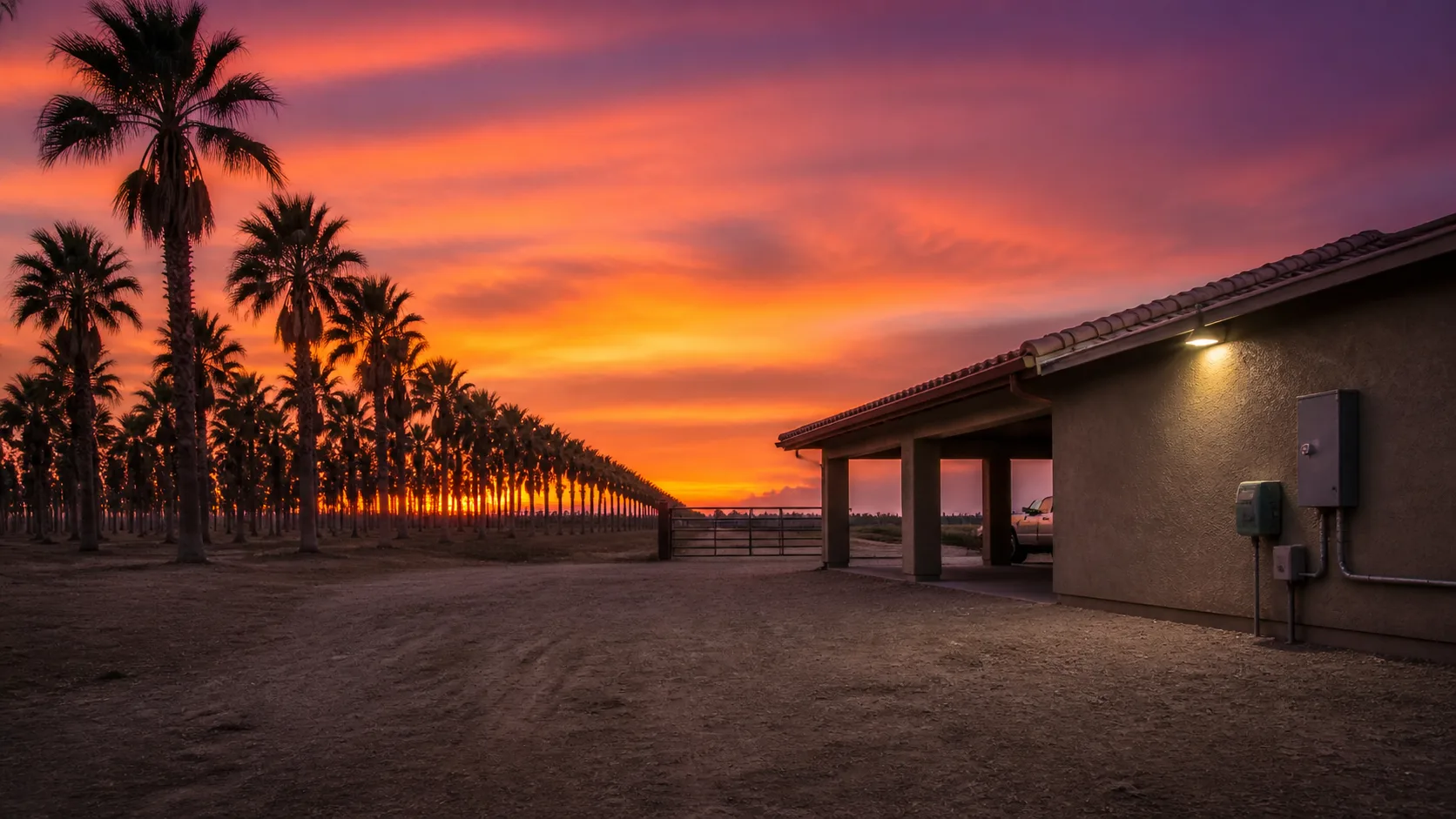 Indio ranch at sunset beside orderly rows of date palms, with an exterior electrical panel and irrigation controls