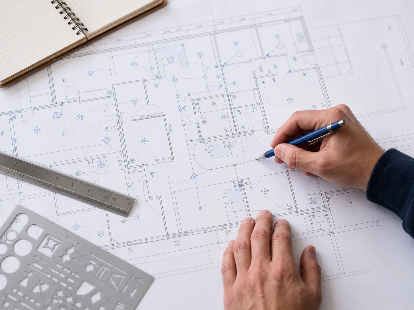 Electrical design marked on an architectural plan