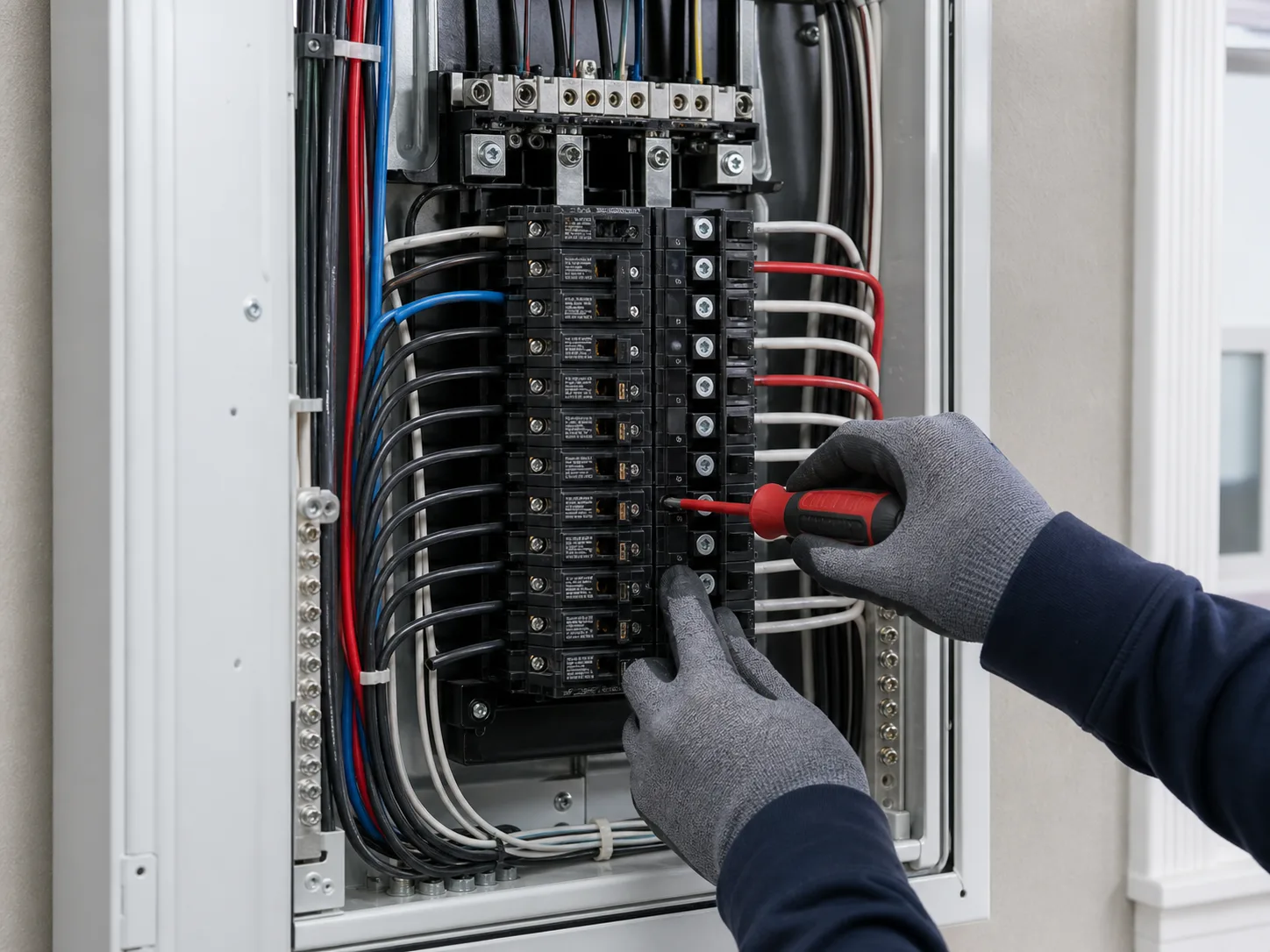 Electrician completing a carefully organized electrical panel installation