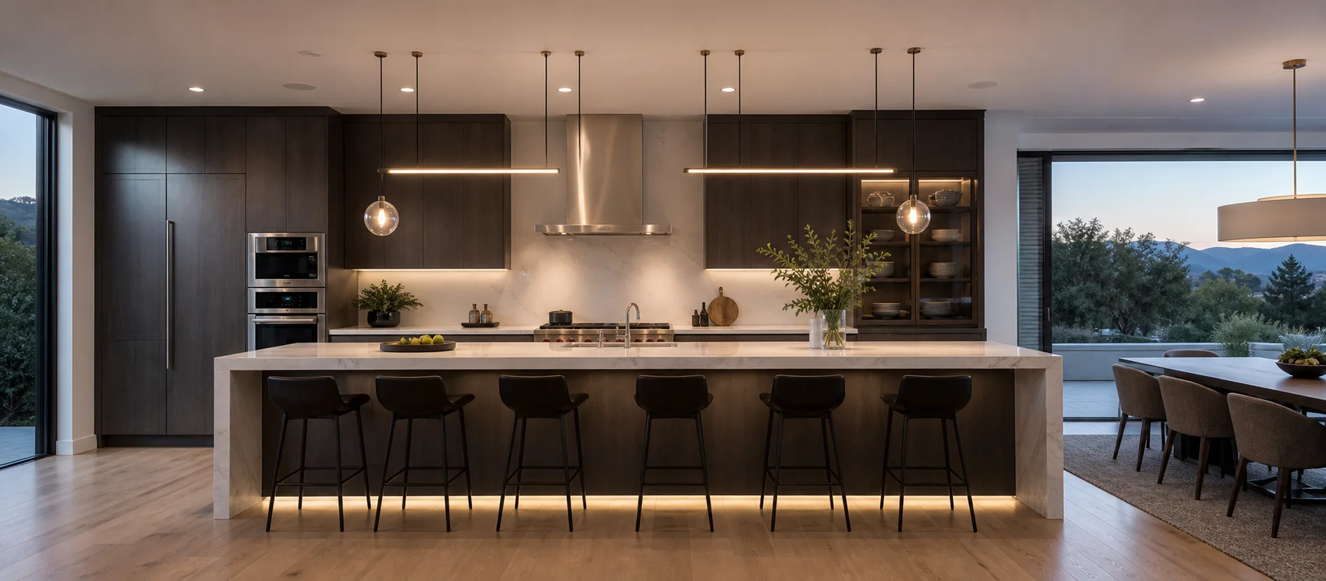 Layered pendant and task lighting in a contemporary kitchen