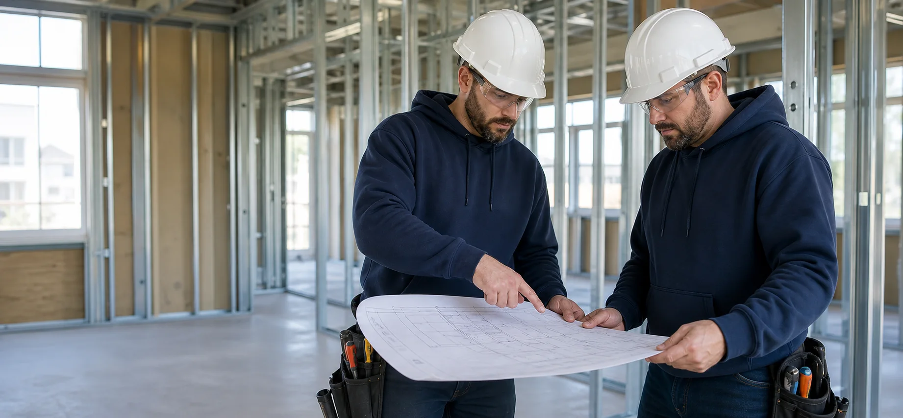 Electricians coordinating a new construction project from marked-up plans