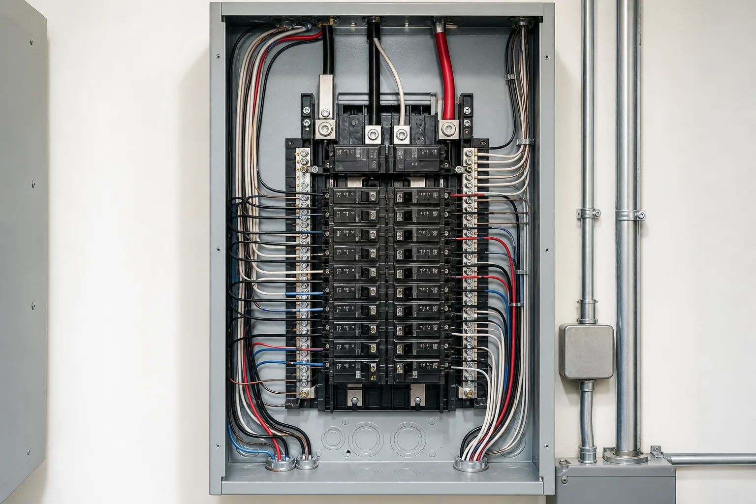 Completed modern electrical panel upgrade with organized conductors