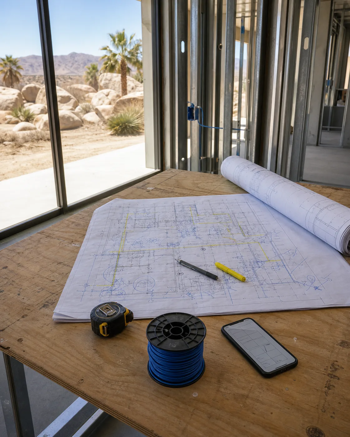 Marked-up electrical plans on a jobsite plan table