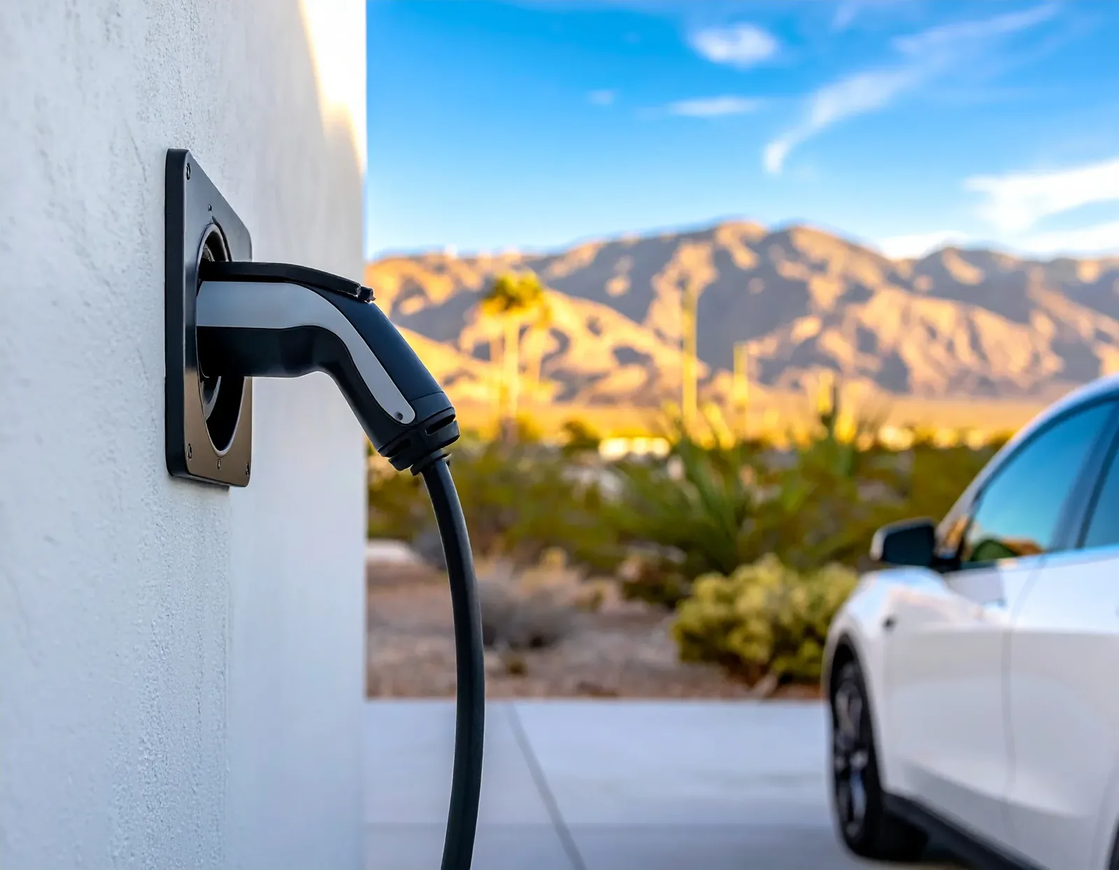 Wall-mounted EV charging connector at a desert home with a vehicle parked alongside