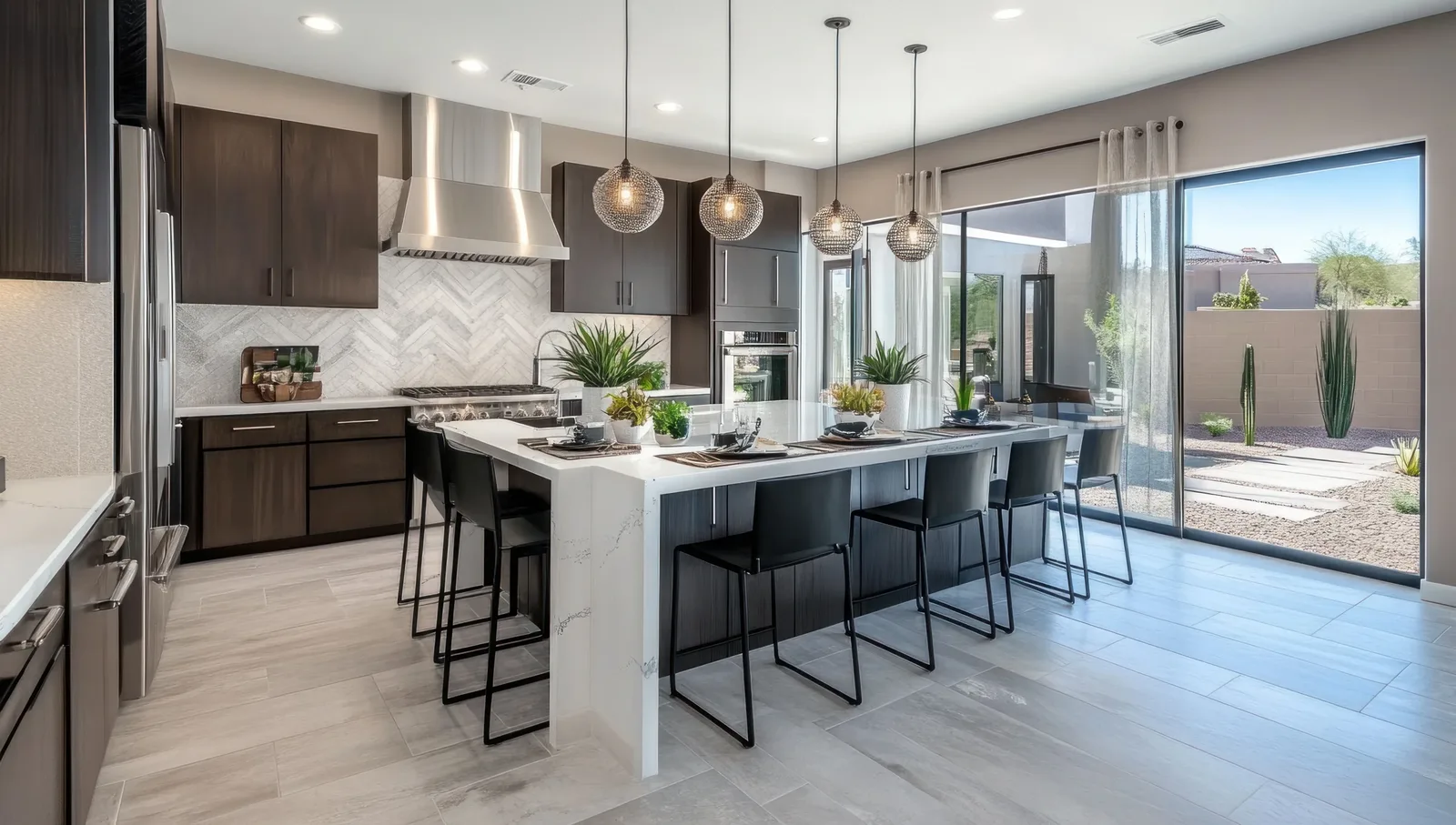 Contemporary kitchen with pendant fixtures over the island and recessed ceiling lighting