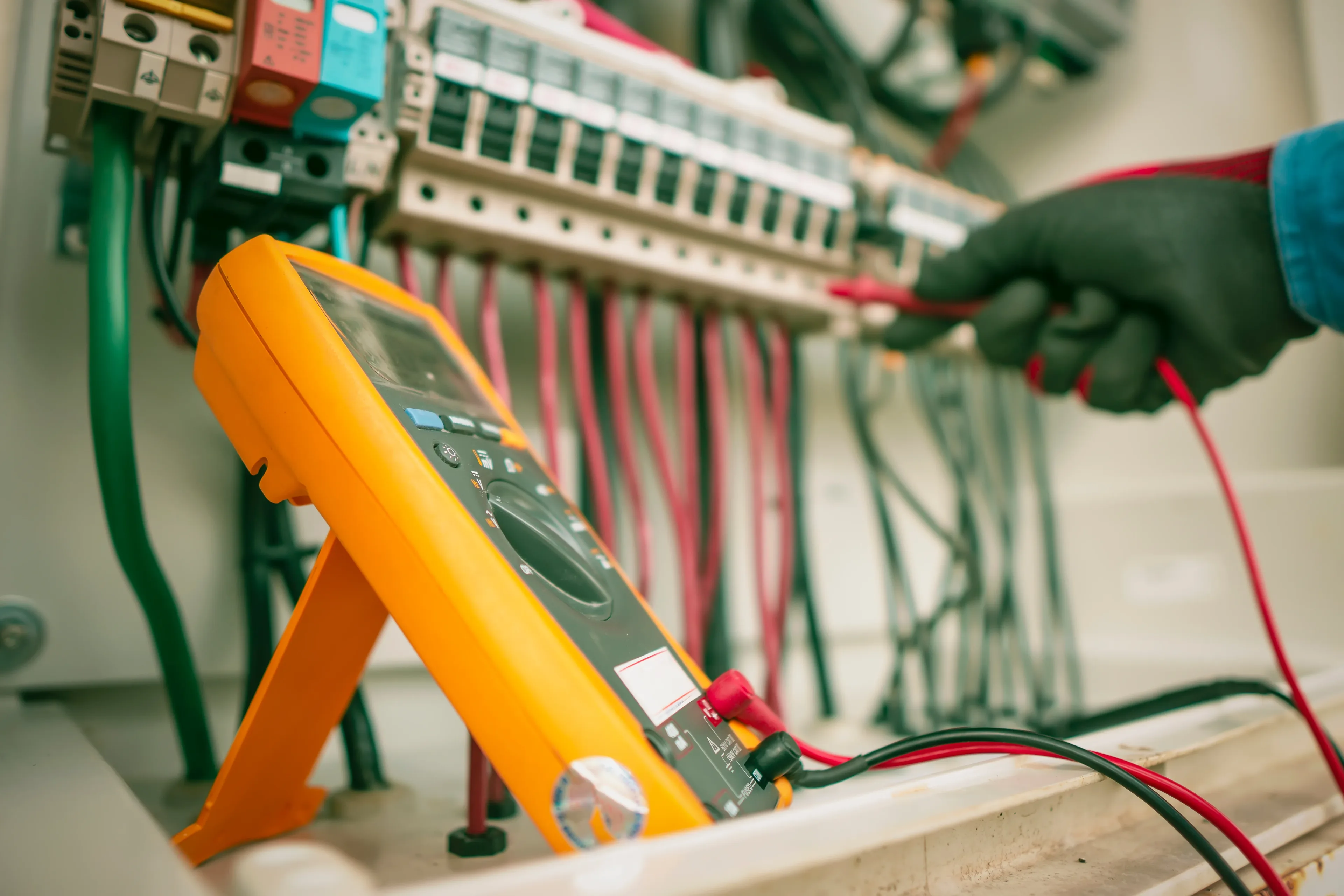 Electrician inspecting electrical equipment with a handheld meter