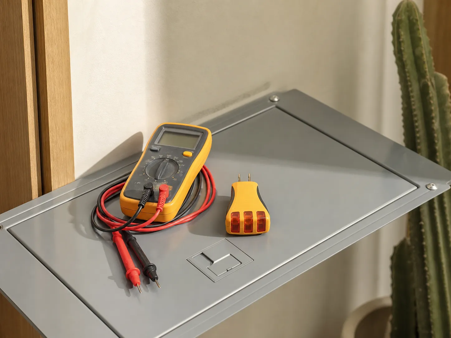 Multimeter and receptacle tester arranged on a closed electrical panel