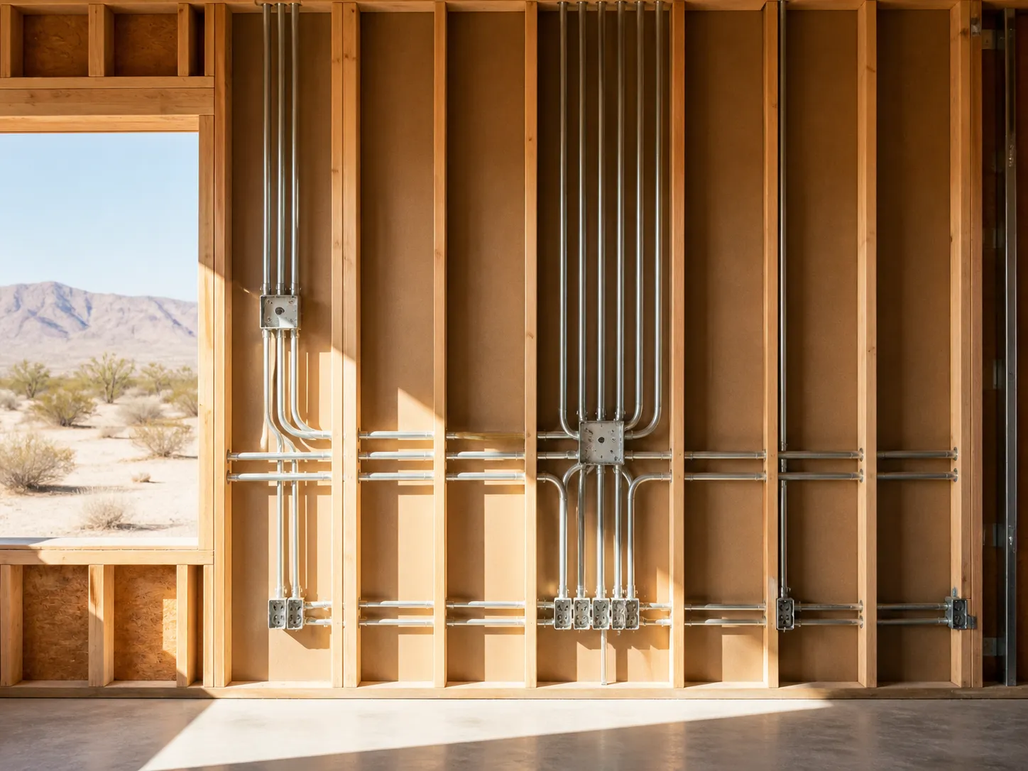 Organized parallel conduit runs inside a new desert construction wall