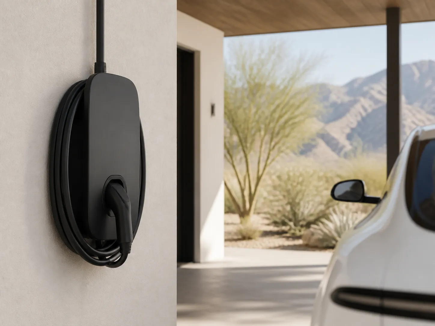 Matte black Level 2 EV charger in a desert-modern carport