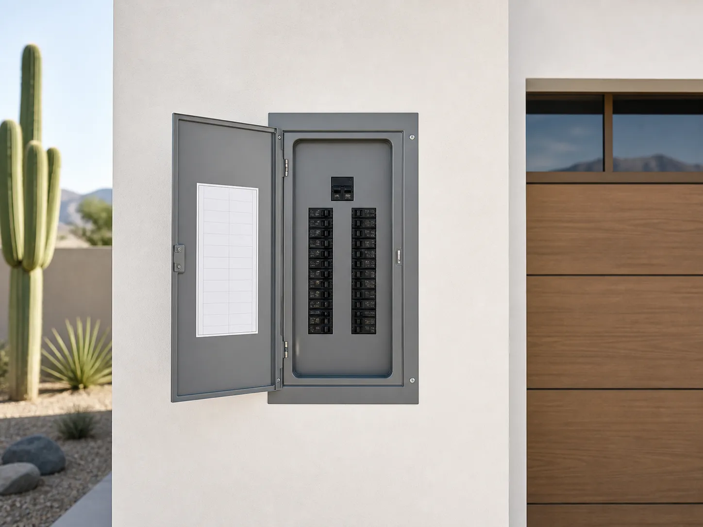 Modern residential electrical panel on a clean stucco wall