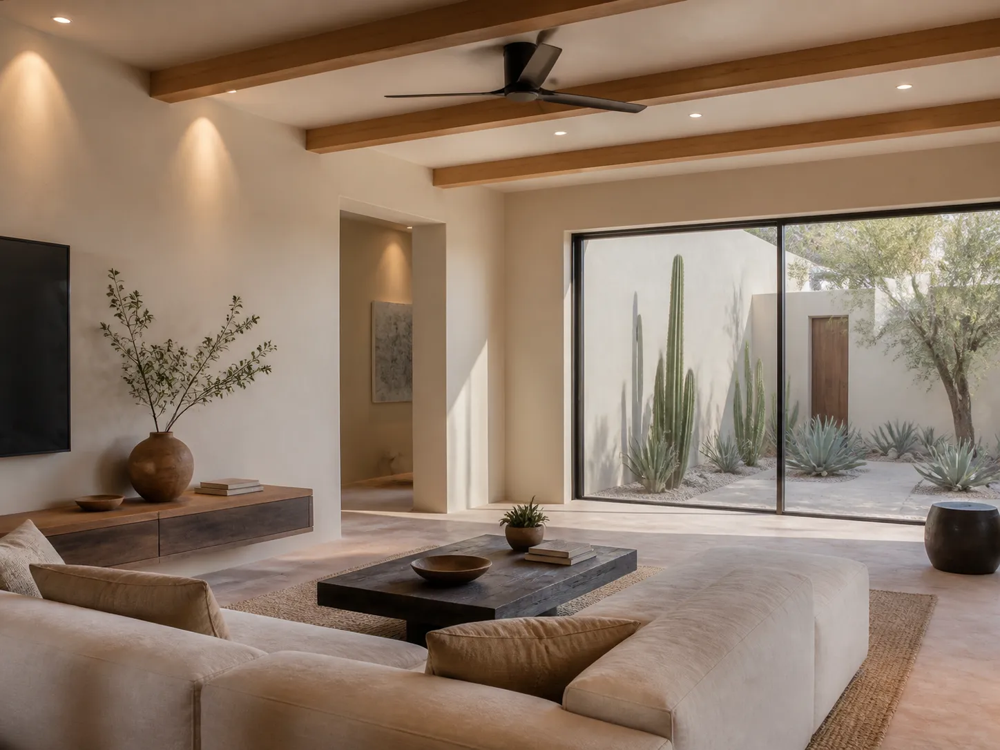Warm desert-modern living room with recessed lighting and a ceiling fan